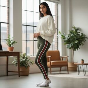 Full Circle Trends L Olive Green Leggings with Side Stripes Size 2XL New